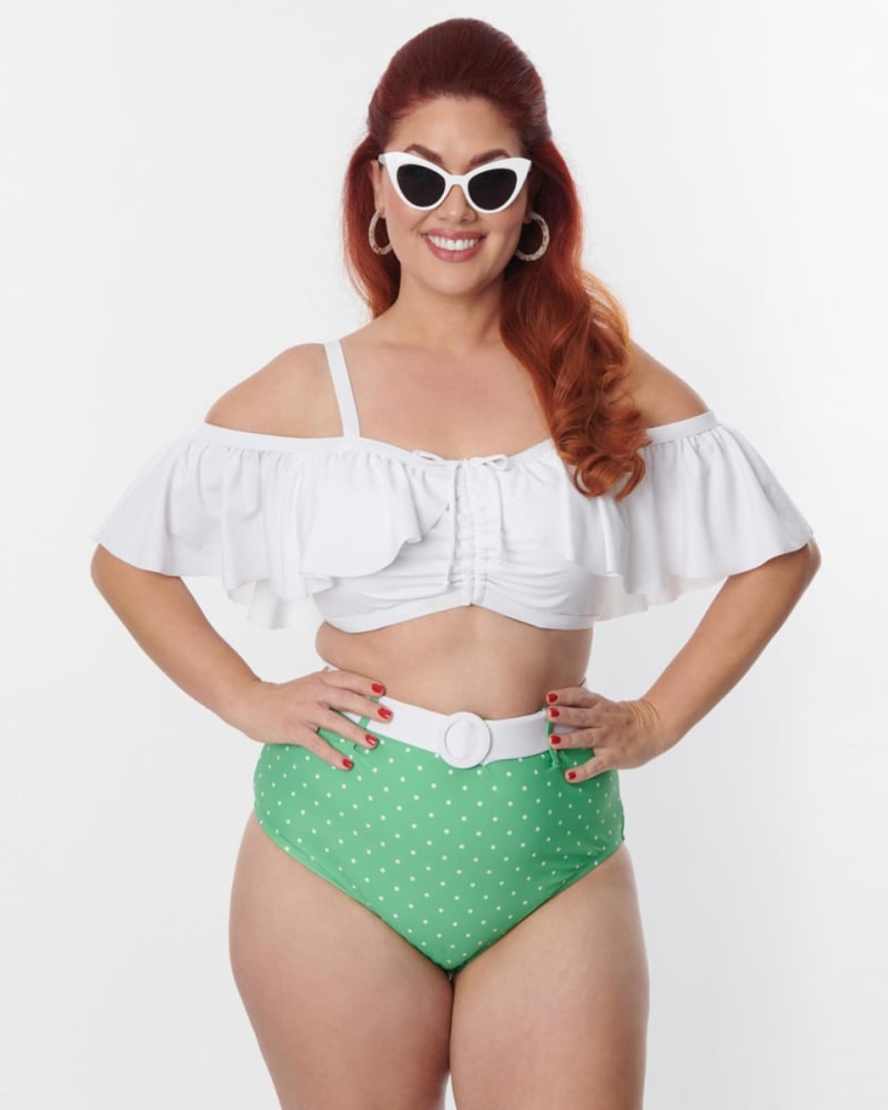 Front of a model wearing a size XL Unique Vintage Apple Mint & White Pin Dot Swim Bottoms in Green, Polka Dot by Unique Vintage. | dia_product_style_image_id:288403